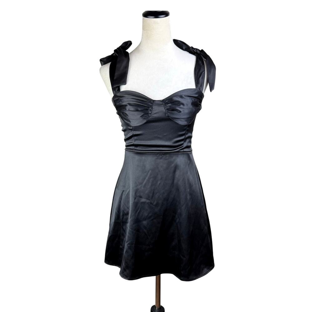 Lucy in the Sky Black Satin Mini Adjustable Tie Straps Zip Up Babydoll Dress